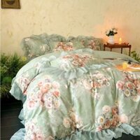 Bộ chăn ga cotton  lụa silk bèo ren mềm mịn kết hoa sắc màu set vỏ chăn ga gối cao cấp CB02