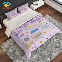 Bộ chăn ga gối 3 trong 1 BTS BT21 cỡ Queen Vỏ chăn đôi đơn có vỏ gối Trang trí nội thất