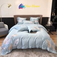 Bộ Chăn Ga Gối 4 Món lụa silk thêu lông vũ mền mại hàng cao cấp _ Nice House