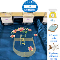 Bộ chăn ga gối 5 món phi lụa trần bông thêu hoa phủ giường 1m6 1m8 2m2