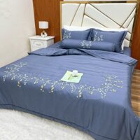 Bộ Chăn Ga Gối 5 Món Phi Lụa, Bộ Chăn Ga Phủ Giường Trần Bông Thêu Hoa mềm mát, dày dặn đủ mọi kích thước