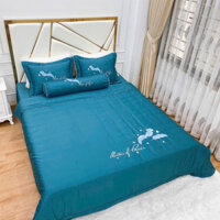 Bộ Chăn Ga Gối 5 Món Phi Lụa,Bộ Chăn Ga Phủ Giường Trần Bông Thêu Hoa Cao Cấp