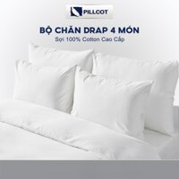 Bộ chăn ga gối Cotton 4 món cao cấp PILLCOT ga trải giường cotton 100% nệm trơn màu trắng đơn giản
