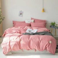 Bộ Chăn Ga Gối Cotton Đũi Lụa Hồng Cao Cấp