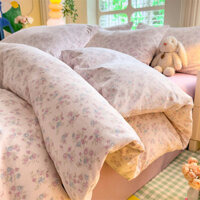 Bộ chăn ga gối Cotton giặt 4IN1 Bộ ga trải giường in hoa siêu mềm Bộ chăn ga gối đơn / Queen / King Quilt Cover được trang bị vỏ gối
