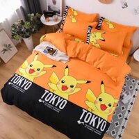 Bộ Chăn Ga Gối Cotton Hàn Quốc - Pikachu Cam ( 1 Drap + 2 Vỏ Gối Nằm + 1 Chăn Lồng Được Ruột ) Không Phai  Không Xù  Kích Thước Đa Dạng