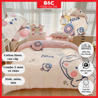 Bộ chăn ga gối Cotton Linen Bear Pink Cute cao cấp, set vỏ chăn Cotton nội địa nhật 5 món