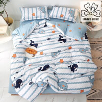 Bộ chăn ga gối cotton PL1 Lidaco decor phòng ngủ theo phong cách vintage với sắc màu trẻ trung - Cá voi xanh - 2m2x2m-Nệm dưới 12cm