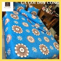 Bộ chăn ga gối cotton poly 2 mặt (5 món) xanh hoàng gia, họa tiết thổ cẩm - Ga gối Duy Công