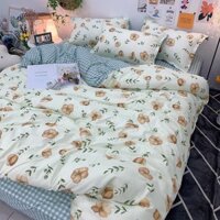 Bộ Chăn Ga Gối Cotton Poly Chăn Bông Hoa Kẻ Xanh