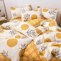 Bộ chăn ga gối Cotton poly  Hoa tròn vàng, vỏ chăn mền, drap nệm và 2 vỏ gối