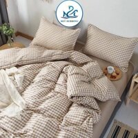 Bộ chăn ga gối Cotton poly  grap Caro nâu be, vỏ chăn mền, drap nệm và 2 vỏ gối