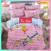 Bộ Chăn Ga Gối Cotton poly Nhập[gồm 1 chăn 1 ga 2 vỏ gối nằm]mẫu xe đạp hồng