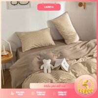 Bộ chăn ga gối cotton tici drap gối nệm mẫu kẻ vintage phong cách hàn quốc cao cấp LAMITA - CGTC07