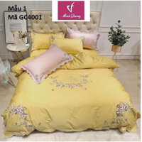 Bộ chăn ga gối cưới vải cotton lụa cao cấp 4 món hình thêu đẹp GC4001