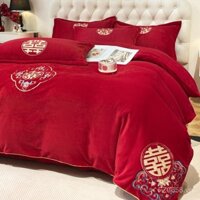 Bộ chăn ga gối đệm cưới bằng lông cừu san hô, mùa đông, màu đỏ tươi, vỏ chăn cô dâu, bộ bốn món, nhung sữa thêu MDAM