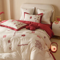 Bộ chăn ga gối đệm cưới phong cách Trung Quốc mới cao cấp, bốn món, cotton nguyên chất, chăn ga gối đệm thêu cho cô dâu