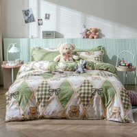 Bộ Chăn Ga Gối Đệm Gấu Kẻ Nâu Hàn Quốc Cao Cấp