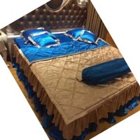 Bộ chăn ga gối đệm phi lụa mix xanh-coffee (ga phủ) 1,6mx2m