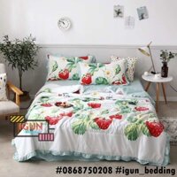 Bộ CHĂN GA GỐI Đũi Trần bông set DÂU TƯƠI TRÊN CÀNH  4 món Nhập Khẩu