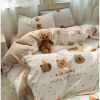 Bộ Chăn Ga Gối Hình Capybara Dễ Thương - 100% Cotton A Loại, Bộ Drap Giường 3/4 Món Dành Cho Ký Túc Xá