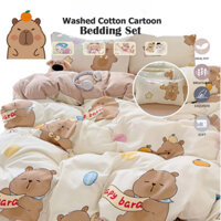 Bộ Chăn Ga Gối Hoạt Hình Cotton Rửa Kapibala Kitty Bộ Drap giường Có Chăn Vỏ Gối Gấu Mèo Dễ Thương Mềm Mại Đơn Nữ Hoàng Vua