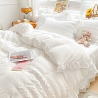 Bộ chăn ga gối kiểu công chúa 4 TRONG 1 Seersucker Khăn trải giường phong cách rắn Tấm phẳng / Váy giường Vỏ gối đơn / Queen / King Size Bộ ga trải giường màu trắng