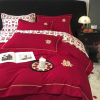 Bộ chăn ga gối kiểu đám cưới màu đỏ mềm mại 4 TRONG 1 thêu Trung Quốc "XI" Bộ chăn ga trải giường IN hình Quilt Cover Tấm phẳng / Tấm trang bị Vỏ gối Queen King Size