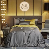 Bộ Chăn Ga Gối Lụa mềm mại mát lạnh cao cấp LUSI Lụa Silk Màu Vàng Chanh Mix Xám Đậm