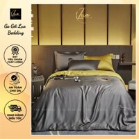 Bộ Chăn Ga Gối LUSI Lụa Silk Bedding mát mịn An Toàn cho da - Màu Xám Đậm mix Vàng Chanh