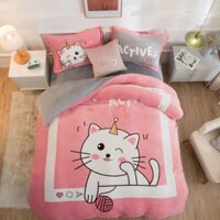Bộ Chăn Ga Gối Nỉ Nhung 3D - Mèo Kute - 2020 ( Tặng Kèm Tranh Để Bàn Cho Bé Cực Đáng Yêu )