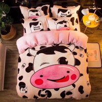 Bộ Chăn Ga Gối Nỉ Nhung Chăn Bông - Bò Sữa