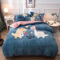 Bộ Chăn Ga Gối Nỉ Nhung Chăn Bông - Khủng Long Bé