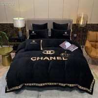 Bộ Chăn Ga Gối Nỉ Nhung Thêu 6Món Chanel Đen