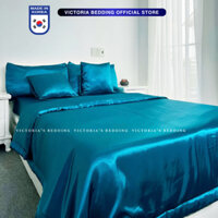 Bộ Chăn Ga Gối Phi Lụa Victoria Bedding Màu Xanh Cổ Vịt Mát Mịn - Thương Hiệu Korea