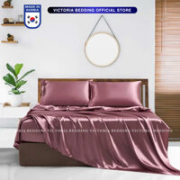 Bộ Chăn Ga Gối Phi Lụa Victoria Bedding Màu Hồng Tím Mát Mịn - Thương Hiệu Korea