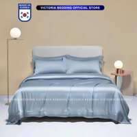 Bộ Chăn Ga Gối Phi Lụa Victoria Bedding Màu Xám Ánh Xanh Mát Mịn - Thương Hiệu Korea