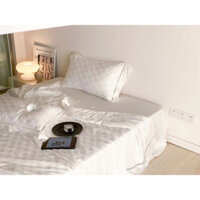 Bộ chăn ga gối Tencel 80s hoạ tiết vân chìm phối viền chăn chữ cái