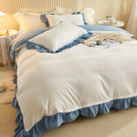 Bộ chăn ga gối trắng Hàn Quốc Màu xanh ren lớn 1,5 / 1,8m Ga trải giường