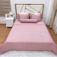 bộ chăn ga gối5 món phi lụa.bộ chăn ga phủ giường trần bông thêu lông chim