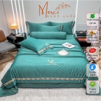 Bộ chăn ga lụa vân chìm LV 5 món thiết kế tinh tế và sang trọng, chăn trần bông tấm chống dồn bông sau khi giặt