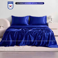 Bộ Chăn Ga Phi Lụa Victoria's Bedding Korea Màu Xanh Biển Mát Lạnh, Mềm Mịn
