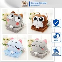 Bộ chăn gối gấu bông hình mèo xám nhắm mắt cho bé. Chăn gối văn phòng mèo xám nhắm mắt 3in1