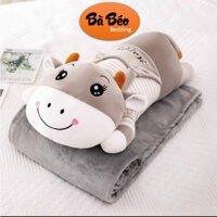 Bộ Chăn Gối Hình Thú BÒ MẶC ÁO 3in1, Gấu Bông Kèm Chăn (Mền), Gối Ngủ Trưa Văn Phòng Hình Thú, Chăn Gối Văn Phòng Siêu D