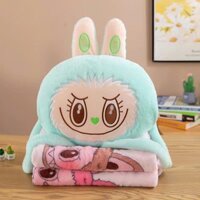 Bộ chăn gối văn phòng hình Labubu, chăn kèm gối gấu bông hình thú 2 trong 1 cho bé mang đi học
