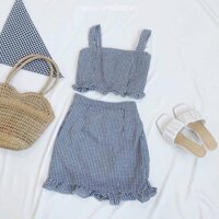 Bộ Chân Váy Áo Croptop Kẻ Caro 🦋FREESHIP🦋 Set Váy Ngắn Kèm Áo Nữ Kẻ Sọc 3 Màu