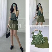 Bộ Chân Váy Áo Croptop Xanh Hoa Nhí 🦋 Set Áo 2 Dây Kèm Chân Váy Chữ A 🦋 XIIM: B027