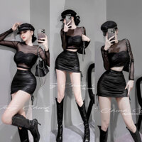 BỘ CHÂN VÁY DA BÓNG DÂY RÚT 2 ben+áo bra+áo lưới 121023