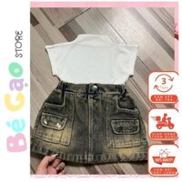 Bộ chân váy jean cho bé gái túi hộp , túi đắp và áo thun cotton cổ lọ be gái siêu cá tính cho bé diện hè