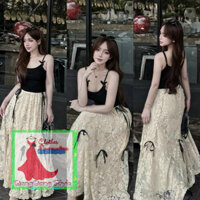 BỘ CHÂN VÁY REN DÀI + ÁO DÂY ĐEN NƠ NHÍ 230624